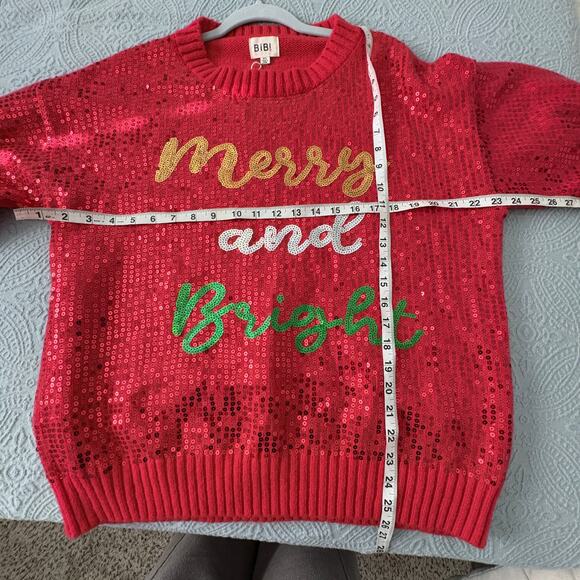 BIBI Sequin Christmas Sweater Merry and Bright Red Holiday XL - Picture 3 of 7